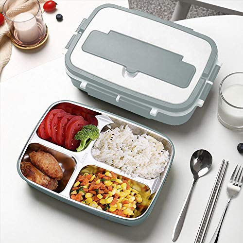 PLKO Bento Box, Lunch Box 4 Compartment 304 Stainless Steel Lunch Containers for Kids and Adults,Leak Proof Lunch Solution Box with Scoop Fork Chopsticks (Blue)