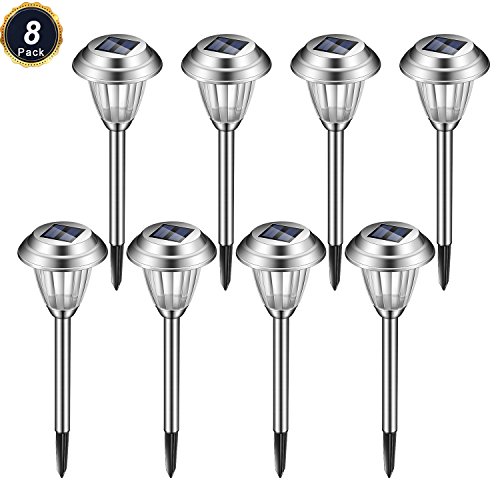 Voona Solar LED Outdoor Lights 8-Pack Stainless Steel Pathway Landscape Lights for Outdoor Path Patio Yard Deck Driveway and Garden , (Silver)