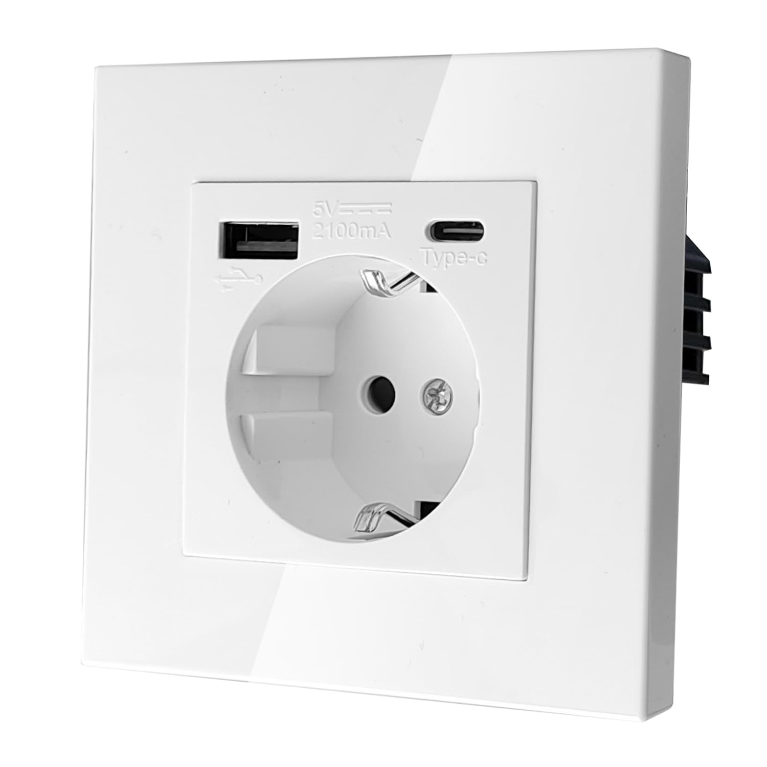Enchufe de pared blanco de 86 mm, enchufe Schuko con una sola pared, USB (máx. 2,1 A, 220 V) y tipo C, enchufe 3 en 1, empotrable, para teléfonos móviles, portátiles, etc
