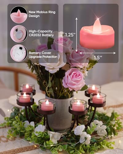 Image of merrynights LED Candles, 24 Pack Tea Lights Candle Battery Operated, Flameless Tealight Votives, Realistic Tea Lights for Wedding Home Party Decor -D 1.5 inch x H 1.25 inch -Pink Light