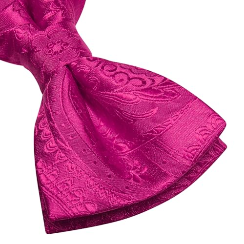Image of Hi-Tie Bow Tie Men Pre Tied Bowtie Pocket Square Cufflinks Lapel Pin Formal Wedding Bow Ties for Men Party Tuxedo Bowtie Set,Barbie Pink Paisley Floral