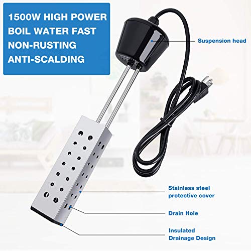 Electric Immersion Heater, CAMTOA 1500W Bucket Water Heater with Stainless Steel Guard Portable Submersible Water Heater for Bathtub, Inflatable Pool