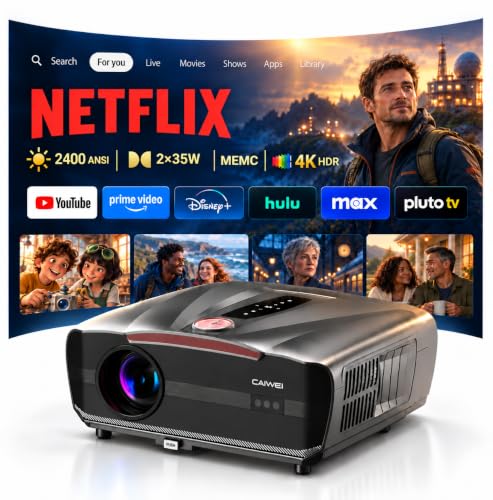 Image of Outdoor 4K Smart Projector 2400 ANSI Lumens with WiFi and Bluetooth, 70W Dolby Audio, Official Netflix, AI Auto Focus, MEMC, HDMI eARC, Low Latency Gaming,Movie Proyector for Ceiling Home Theater