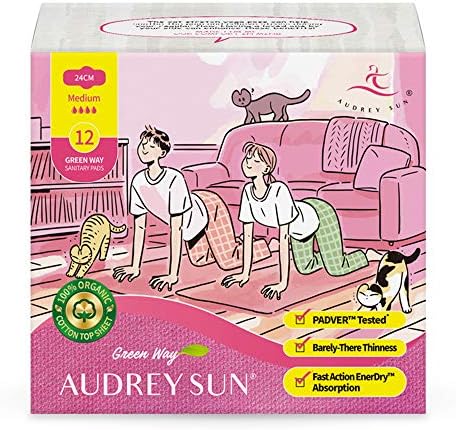 AUDREY SUN Organic Pads Menstrual - Certified Cotton Organic Sanitary Pads for Women - Medium - 12 Count 36 Total (Packaging May Vary)