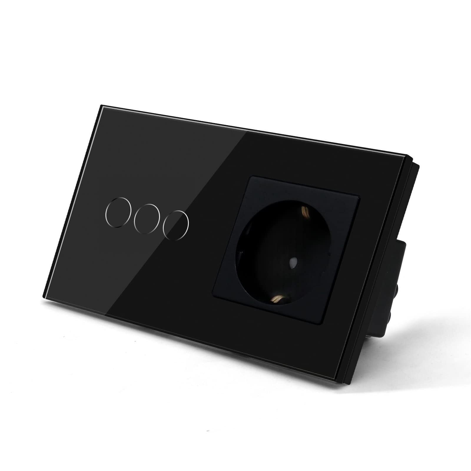 Interrupteur tactile à 3 boutons avec prise murale intégrée noire