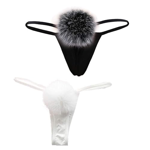 ADESUGATA Womens Thong Pantie Cute Rabbit Tail Low Waist G-String Fur Ball Solid Bikini T-Back Cosplay Bunny Girl Underwear - 0-1 - Blakc,white