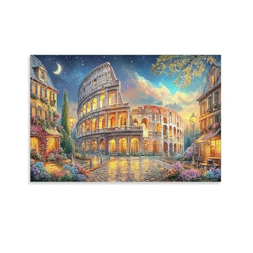 Colosseum Nacht 1 Stück Colosseum Nacht Crescent Moon Wet Street Wandbild-Drucke Büro Canvas Druck Space Transformer Statement Piece Wandfokal-Kunst 16x24inch(40x60cm)