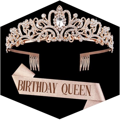 Image of Fesciory Birthday Crown for Women, Gold Plated Crystal Tiara with Sash