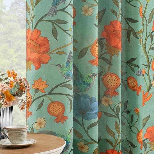 Image of JOOJA Green Floral Linen Curtains, Boho Whimsical Bird Print Curtains for Bedroom Window Colorful Patterned Sheer Curtains for Living Room Kitchen 2 Panels 63 Inches Long