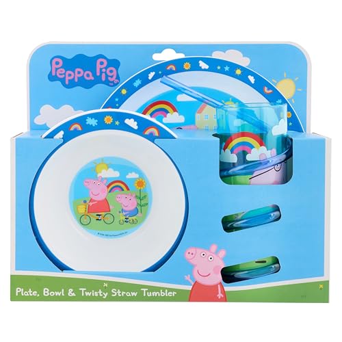 Peppa Pig Juego de vajilla Hooray para niños: incluye plato, cuenco y vaso de paja retorcido con Peppa, George, Daddy Pig y Mummy Pig.