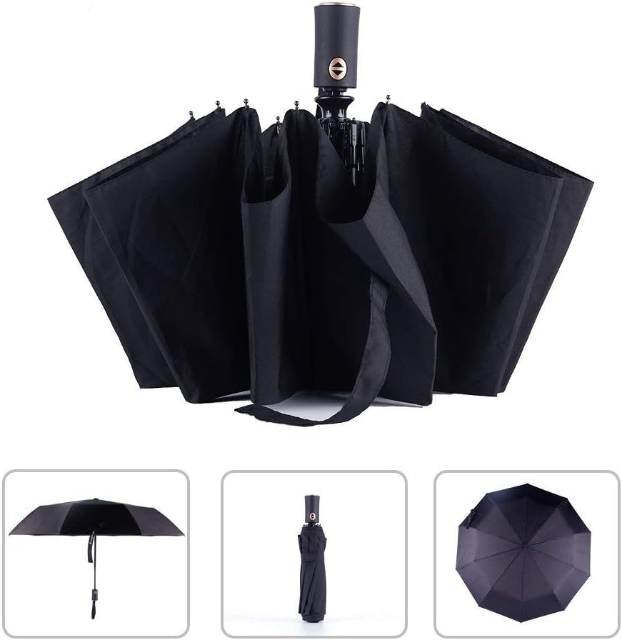 Bodyguard Innovation 10 Fibreglass Ribs Travel Umbrella - Dupont Teflon 210T Finest Waterproof Fabric,Auto Open and Close,Ultra Comfort Handle- Gift Box (Black)