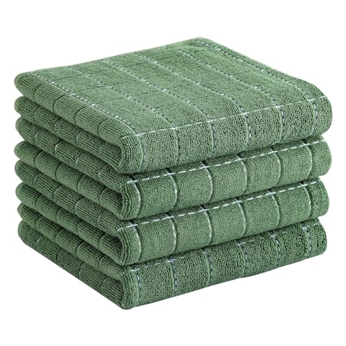 Homaxy 100% Cotton Terry Kitchen Towels(Grass Green, 13 x 28 inches), Checkered Designed, Soft and Super Absorbent Dish Towels, 4 Pack