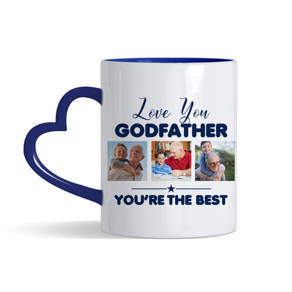 Personalised Photo, Love You God Father You're The Best,11oz Heart Handle Cup, Coffee, Tea Mug. (Navy Blue)