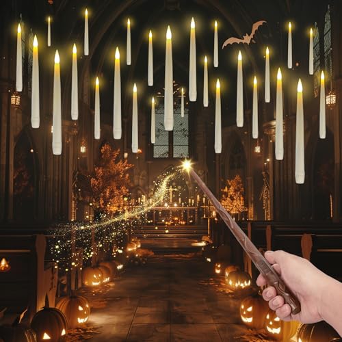 Homemory 20PCS Floating Candles with Wand Remote Magic Hanging Candle with String Flickering Warm Light Floating Candles for Halloween Christmas Birthday Party Decor