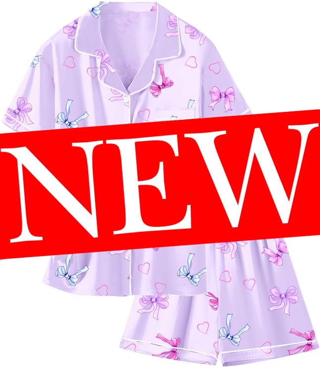 Image of Schbbbta Girls Womens Pajamas, Satin Silky Pjs Set Kids 2Pcs Button-Down Nightwear Sleepwear Gift for Mommy and me