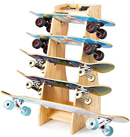 AHOWPD Skateboard Rack Floor Stand Holders Skateboards Storage Oak Soild Wooden, Five-Layer Organizer for Deck, Longboard, Standard Skateboard, Mini Cruiser Skateboard