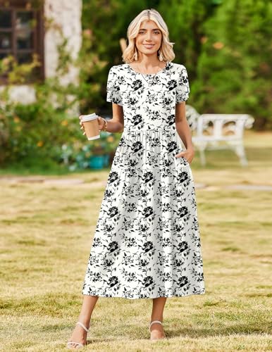 Image of Zeagoo Summer Dresses for Women 2026 Maxi Bohemian Floral Short Sleeve Long Dress Casual Flowy Tired Beach Sundress