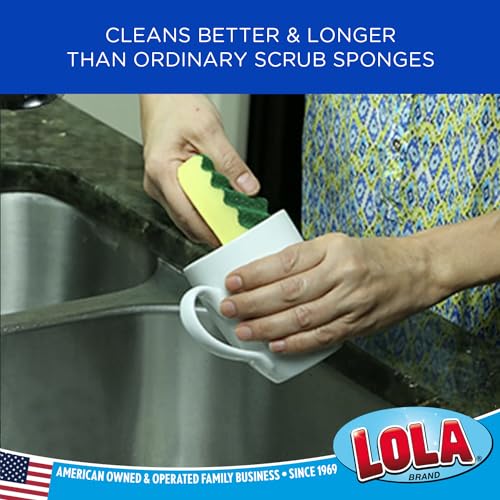 Image of LOLA Heavy Duty Scrub Sponges, 12 Pack, Made in USA, Superior Sponge Lasts up to 4X Longer, Reusable Long Lasting, Next Generation Cleaning