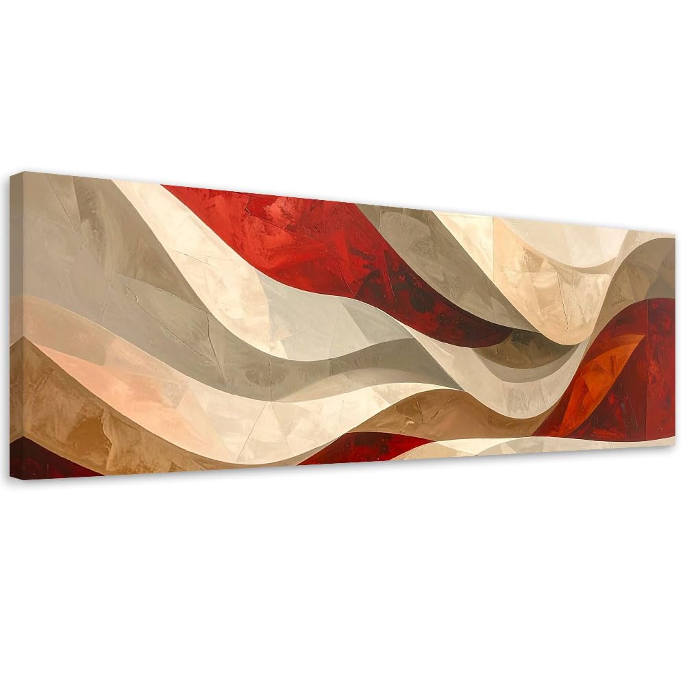 Feeby Stampa su Tela - Quadri Moderni Soggiorno - Quadro Camera Da Letto - Onde astratte nei toni del rosso e del beige - 150x50 cm - Decorazioni Parete