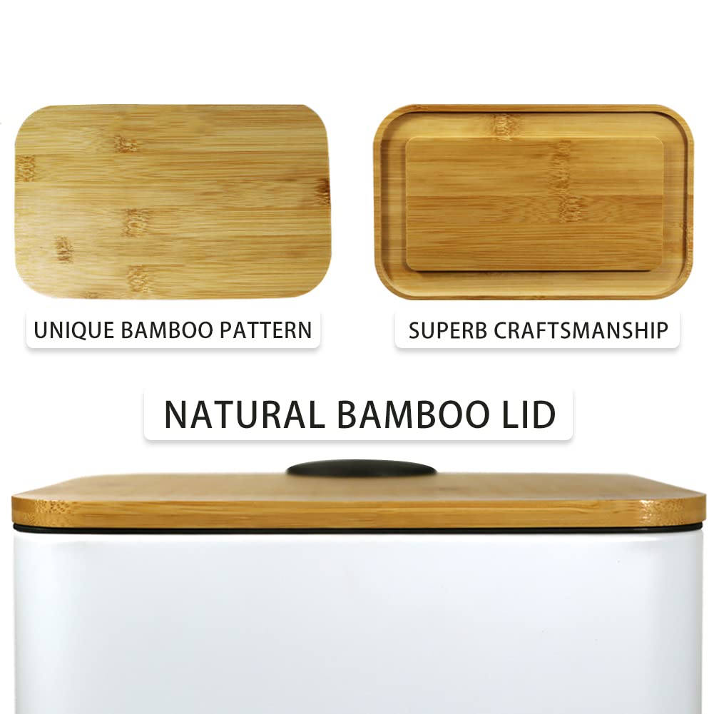 SIDIANBAN Small Trash Can with Bamboo Lid Soft Close and Foot Pedal, 1.3Gal/5L Rectangular Garbage Can with Inner Wastebasket for Bathroom,Bedroom, Office, Kitchen, White
