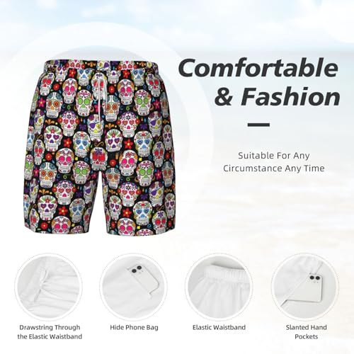 Men's Colorful Flower Skulls Print Quick-Dry Mesh Swim Trunks Stretch Lining Beach Shorts Surfing Summer Vacations4