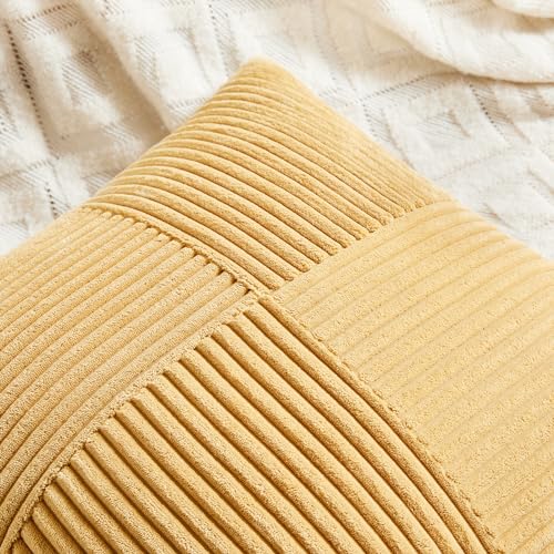 Image of Fancy Homi 2 Packs Gold Yellow Lumbar Decorative Throw Pillow Covers 14x24 Inch for Couch Bed Sofa, Rustic Farmhouse Boho Spring Home Decor, Soft Striped Corduroy Rectangle Accent Cushion Case 35x60cm