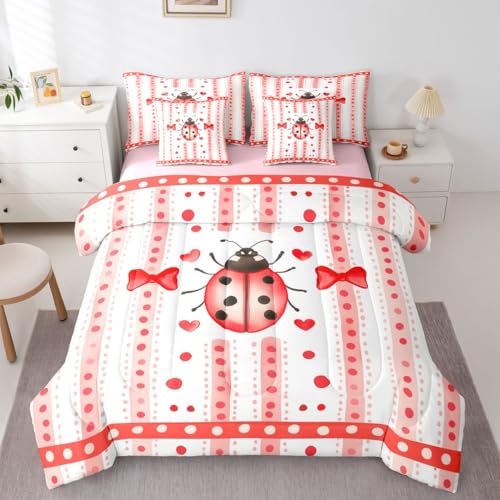 Image of Castle Fairy Cute Ladybug 7 Pcs Full Size Comforter Set Girly Romantic Style Bedding Sets Red Pink Bow Polka Dots Stripes All Season Comforter,Flat Sheet,Fitted Sheet,2 Pillowcases,2 Pillow Covers