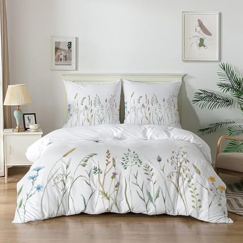 FamHarbor Juego de funda de edredón doble, cama doble (200 x 200 cm) + 2 fundas de almohada, patrón de hojas, reversible, hipoalergénico, suave, transpirable, color blanco