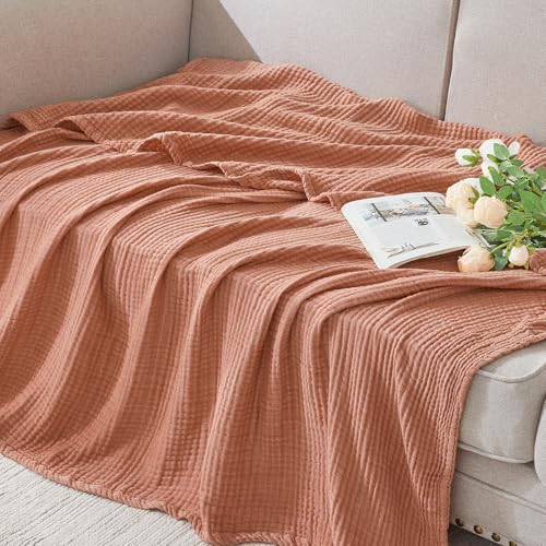 EMME Cotton Muslin Twin XL Blanket Breathable Gauze Blanket Soft Lightweight Blankets Adults Gifts for Women (Orange Red, 66"x90")