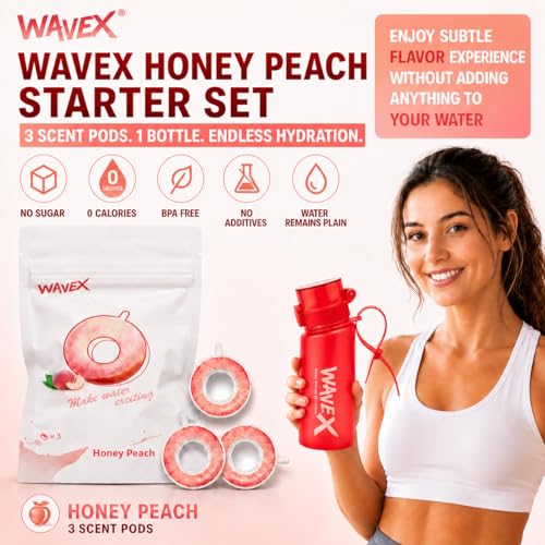 Image of WAVEX Scented Water Bottle, Includes 3 Honey Peach Aroma Scent Pods, Flip Top Leak-Proof Lid, Straw & Carry Strap Included, Subtle Flavor Experience, No Sugar or Calories, (550ml, Crimson Wave Red)