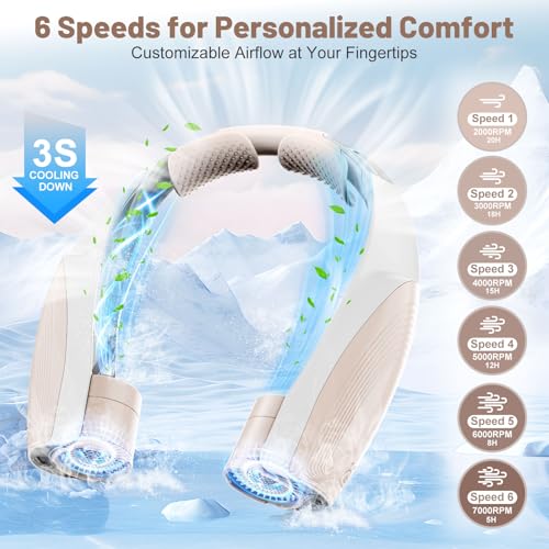 Image of AI Portable Neck Fan with 6 Powerful Speeds, 8000mAh Battery Operated USB-C Rechargeable Fan, Hands-Free 360 Cooling Neck Fan,Twistable,Ultra-Quiet Personal Fan for Women Men Office Travel(Champagne)