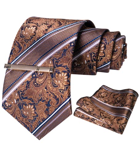 Image of RBOCOTT Silk Stripe Plaid Tie and Pocket Square with Tie Clip Sets for Men