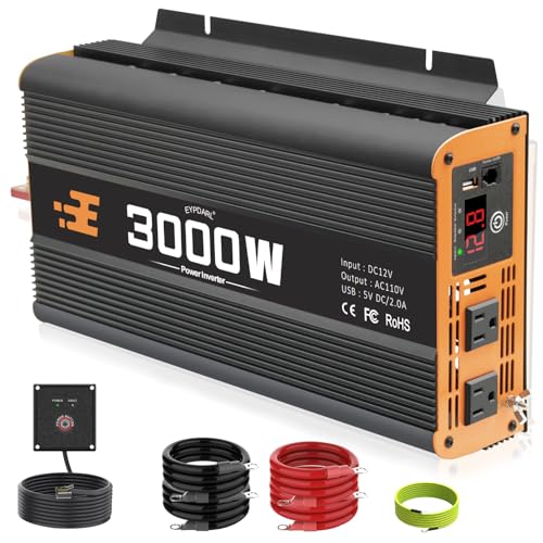 Image of EYPDARL 3000 watt car Power Inverter with Remote Controller, 12v dc to 110v ac Modified Wave Power inverters for Vehicles, Ideal for Home, Emergency, Camping, rv, Truck, and Travel Inverter 3000w