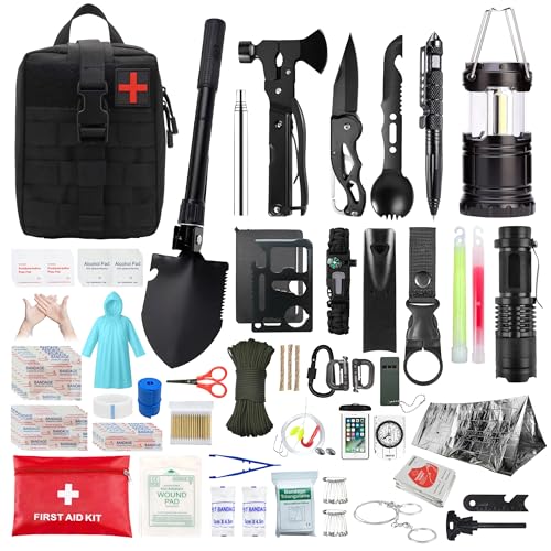 EIN Survival kit mit Emergency kit，206-teiliges überlebensausrüstung notfallrucksack，Kompass Militärschaufel Camping Light Regenmantel Zelt，Outdoor-Camping-Abenteuer-Wandergeschenke für Herren