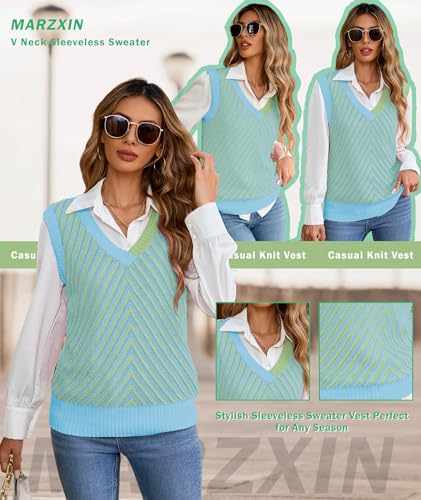 Image of MARZXIN Women Sleeveless Sweater V Neck Casual 2026 Fall Knitted Chevron V Neck Sweater Vest Color Block Pullover Sweater Top