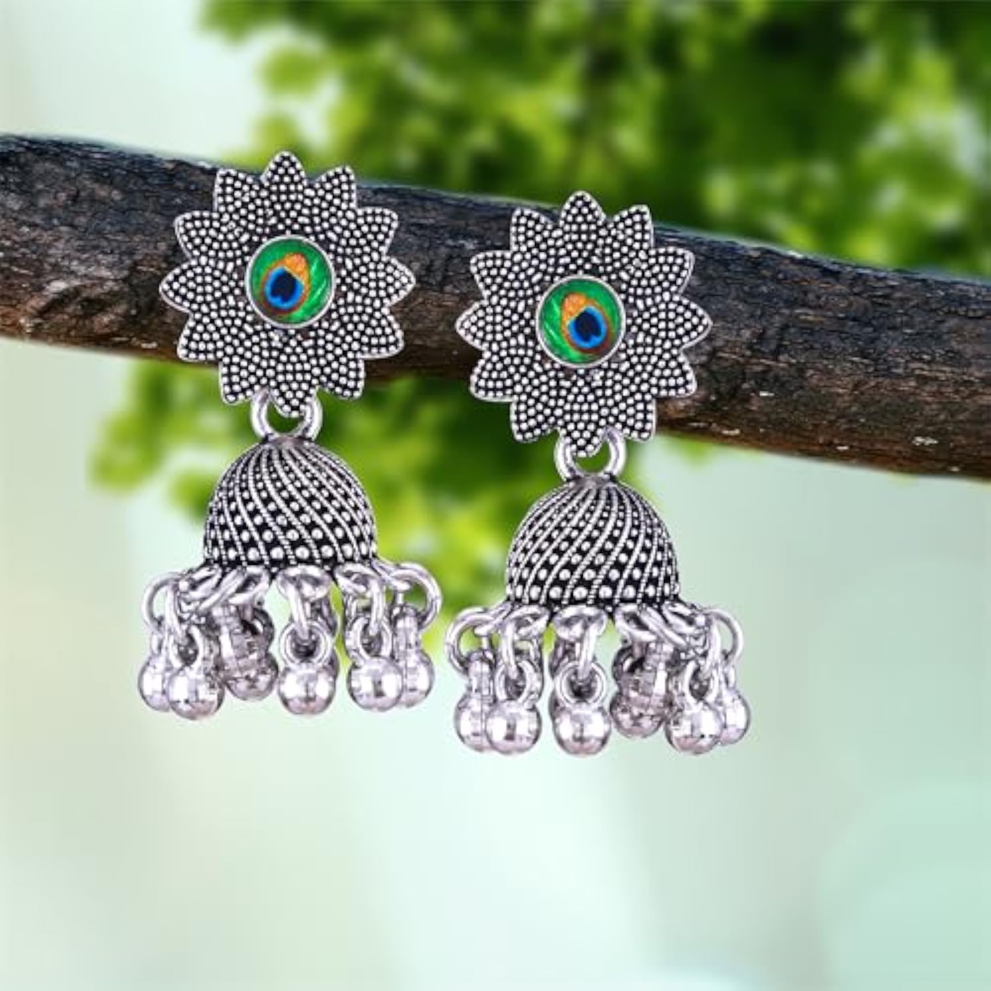 Women's Oxidised Silver Chandbali Jhumka Earrings with Peacock Design