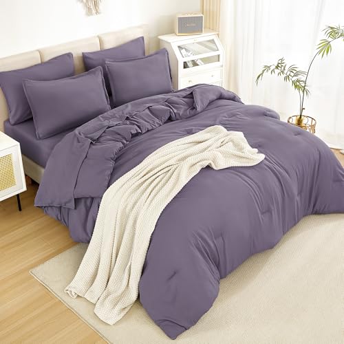 Litanika Queen Comforter Set Grey Purple - 7 Pieces Bed in a Bag Queen Bedding Comforter Sets, Solid Lightweight Bed Set with Comforter, Sheets, Pillowcases & Shams
