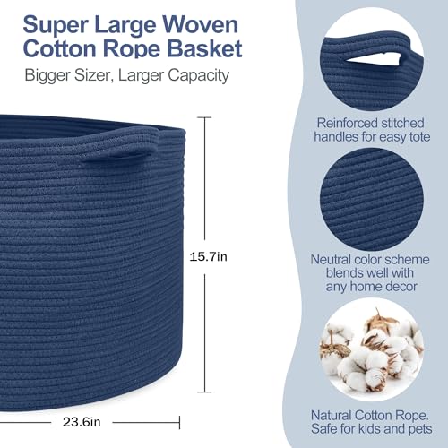 Image of MEGASKET 115L Dark Blue Basket for Organizing, 23.6 inch x 15.7 inch XXXL Woven Cotton Rope Laundry Basket, Oversized Blanket Storage for Living Room Bedroom, Kids Toy Box Organizer, Pool Towel Storage Bin