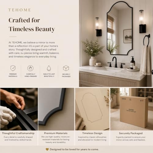 Image of TEHOME Scalloped Black 24x32'' Bathroom Vanity Mirror, Matt Black Decorative Bathroom Mirror