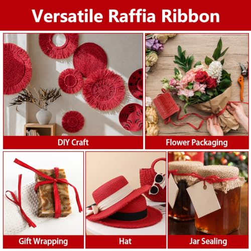 Image of BEVTEE 436 Yards Raffia Yarn for Crochet, Ribbons for Crafts,Red | Paper Ribbon for Wrapping Christmas Crafts DIY Decoration, Easy to Tie, Perfect for Basket Weaving Supplies