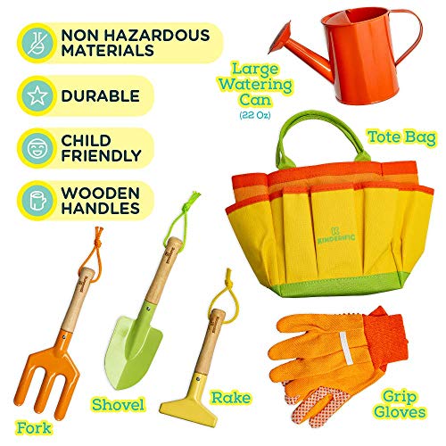 Kinderific Gardening Set, Tool Kit, For Toddlers And Kids 2 Years And Up, Stem, Includes Tote Bag, Spade, Watering Can, Rake, Fork, Trowel And Glove (Pale Yellow) #TOP3