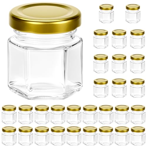 QWORK® Lot de 30 mini pots hexagonaux, 45 ml, mini pots à miel en verre avec couvercles dorés