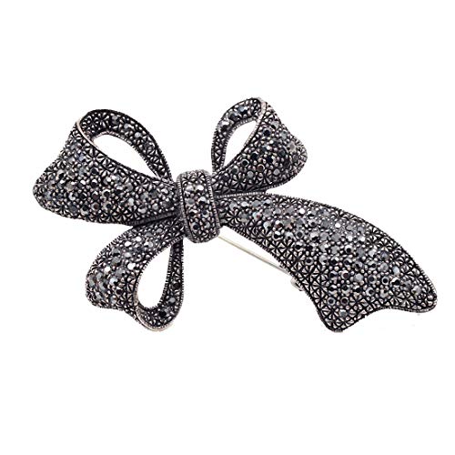 Broche vintage strass noir fleur argent antique, le cadeau idéal pour femme