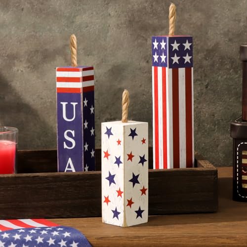 Treory 4th of July Decorations, 3pcs Farmhouse Patriotic Wooden Firework Sign, Rustic Firecracker Wood Blocks, American Memorial Flag Day Table Decor Tiered Tray Decor for 250th Anniversary Independence Day Home Décor