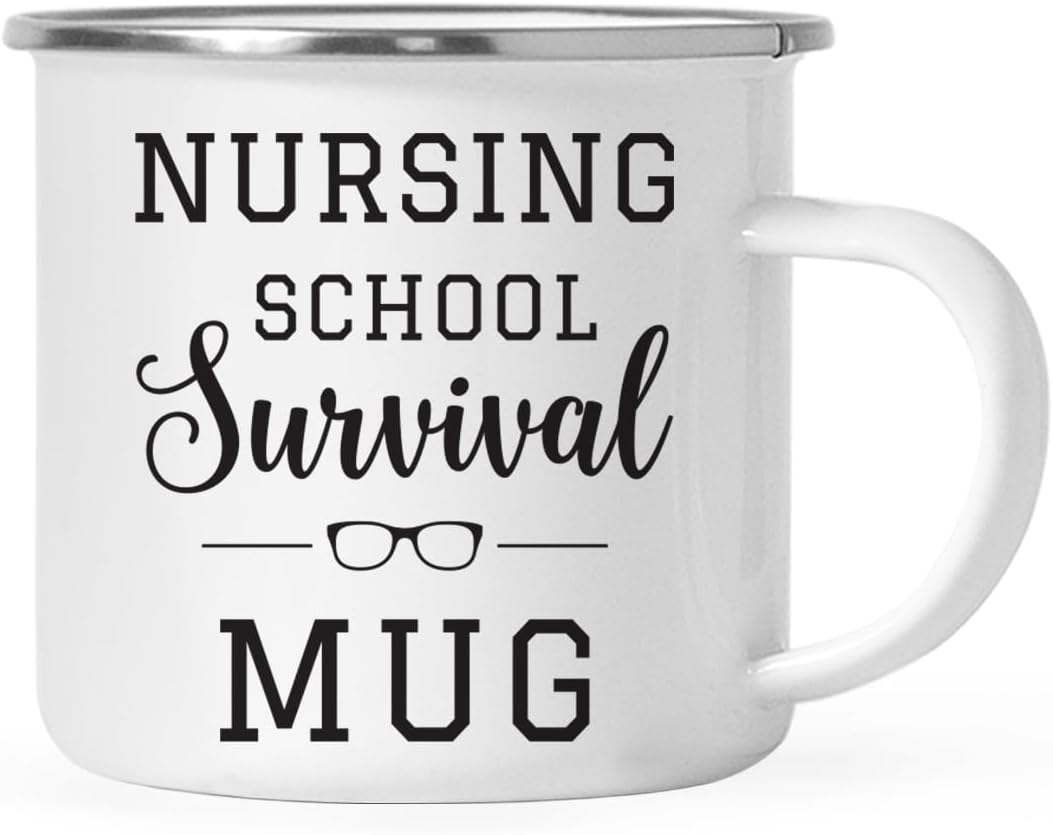 Andaz Press 11oz. Graduation Stainless Steel Campfire Coffee Mug Gift, Nursing School Survival Mug, 1-Pack, Includes Gift Box, Enamel Camping Cups for Graduates School Students of Class of 2024