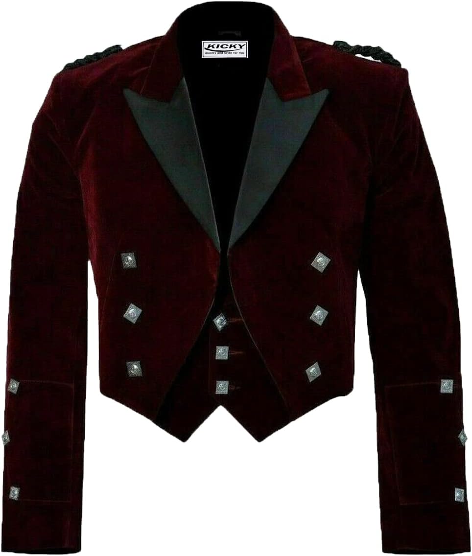 Prince Charlie Jacket With Waistcoat, Burgundy Color Velvet by Kicky, Prince Charlie Kilt Jacket & Vest