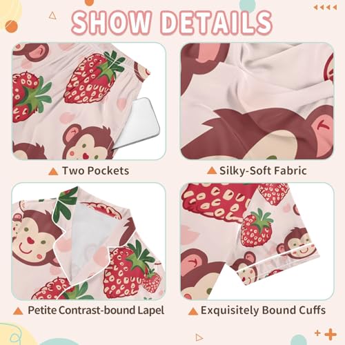 senya Monkey Strawberry Satin Summer Pajama Sets Silk Short Sleeve Button Down Sleepwear3