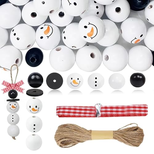 10 Sets Snowman Wooden Beads Christmas Beads Smiling Snowmen Tree DIY Craft Ornament Wooden Snow Man Round Bead with Hemp Rope Assembly Crafting Pendent Decorations Suit for Christmas New Year Parties