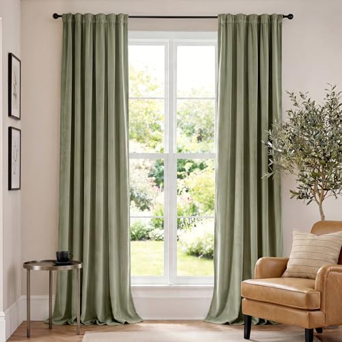 Image of Olive Sage Velvet Curtains Rod Pocket 52x108 Inch 2 Panels | Soft Velvet, For Tall Windows & High Ceilings, Light Shifting Texture, Elegant Drape, Serene, Fresh