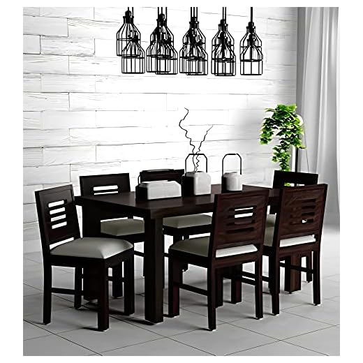 Douceur Furnitures Solid Sheesham Wooden Dining Table 6 Seater | Wooden Dining Room Furniture with Cushions & Chestnut Finish | Wood Type :- Sheesham Wood